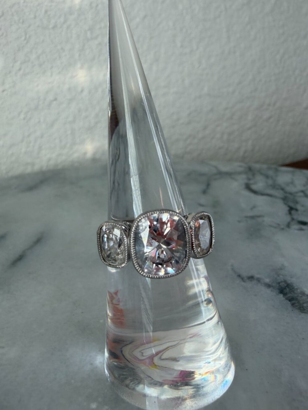 Vintage Jean Dousset Heirloom 925 CZ 3-Stone Mill-grain Cushion Cut Ring - Picture 14 of 17